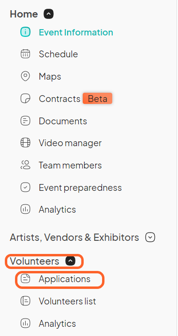 an image showing users the volunteer applications option on the left sidebar of the event dashboard