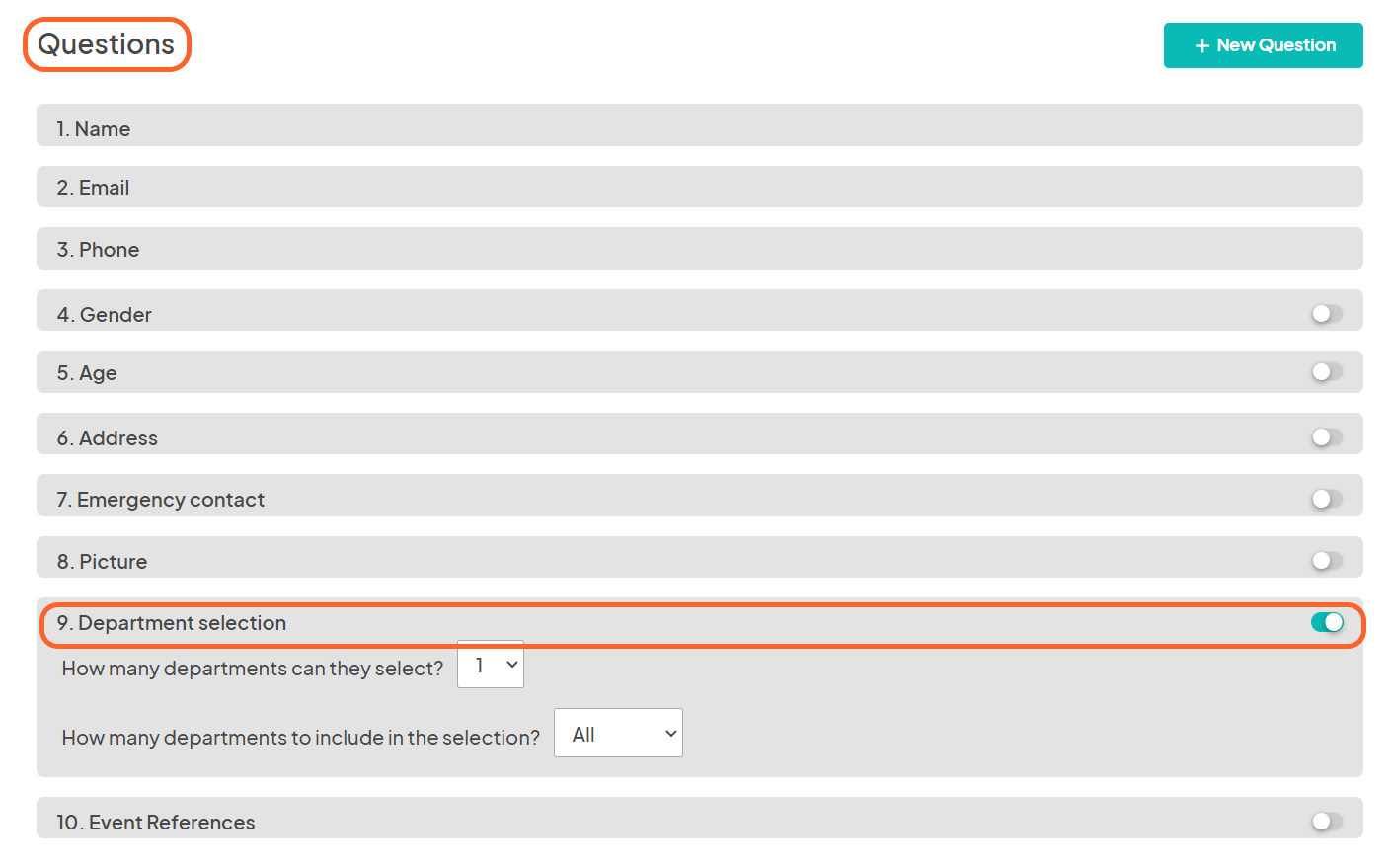 an image showing users the questions section of the application editing page with question nine and toggle highlighted