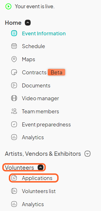 an image showing users where to find the volunteer applications tab on the left sidebar of the event dashboard