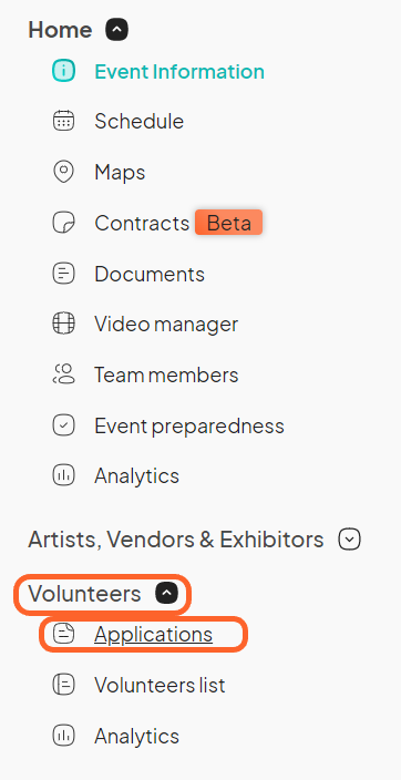 an image showing users where to find the volunteer applications tab on the left sidebar of the event dashboard