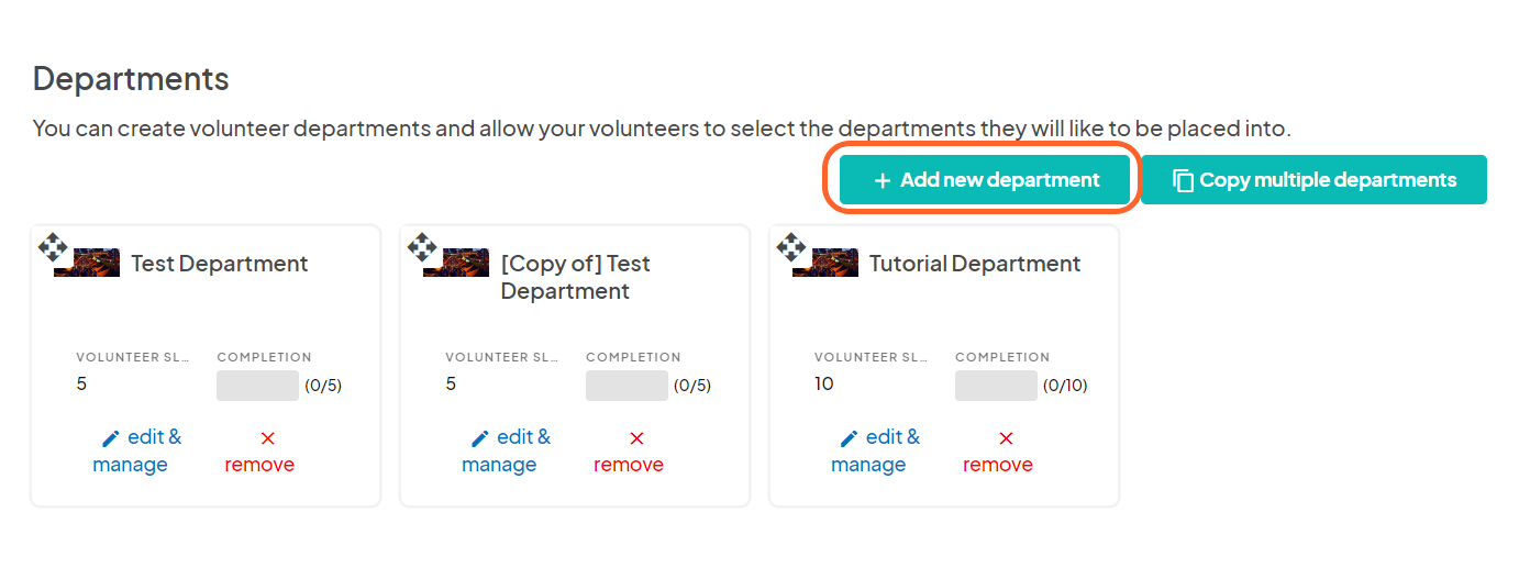 an image showing users the departments section below the volunteer applications section with the blue add new department button highlighted