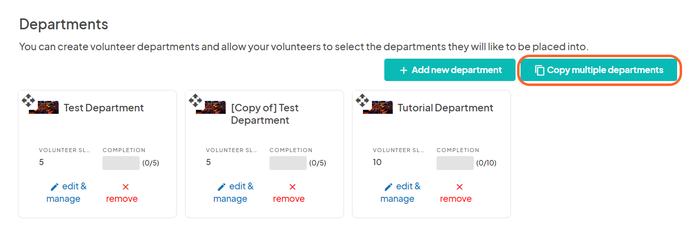 an image showing users where to find the departments section on the volunteer applications page with the copy multiple departments button highlighted