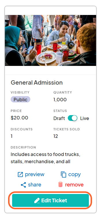 an image showing users where the edit ticket button is at the bottom of an already existing ticket of the tickets page