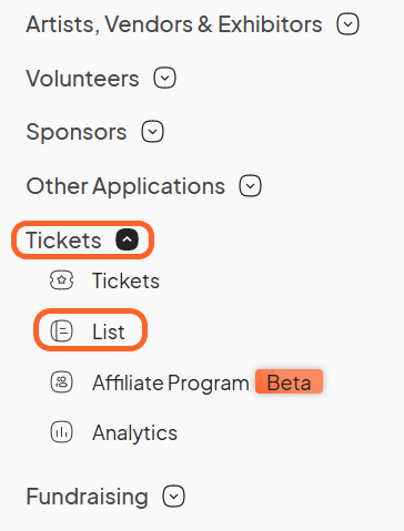 an image showing users the list option under the tickets tab on the left sidebar