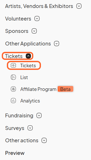 an image showing users the tickets option under the tickets tab on the left sidebar of the event dashboard