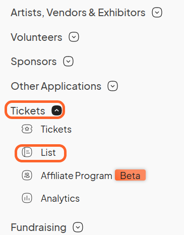 an image showing users the list option under the tickets tab on the left sidebar of the event dashboard