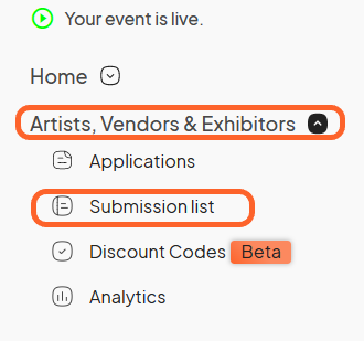 an image showing users the submissions option under the vendor tab on the left sidebar of the event dashboard