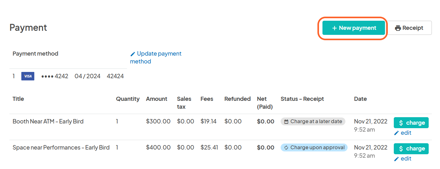an image showing users the payment section of the submission with the new payment button highlighted