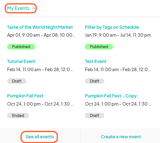 an image showing users where to find the my events tab with the see all events button highlighted at the bottom of the tab