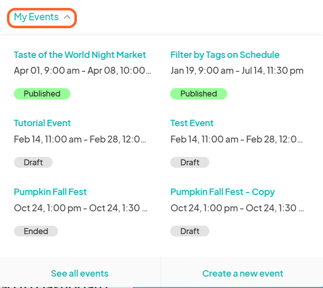an image showing users where to find the my events tab