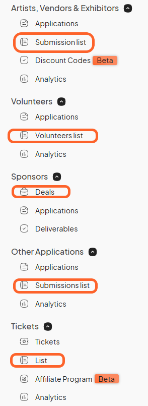 an image showing users the left sidebar of the event dashboard with all the submission lists for each tab highlighted