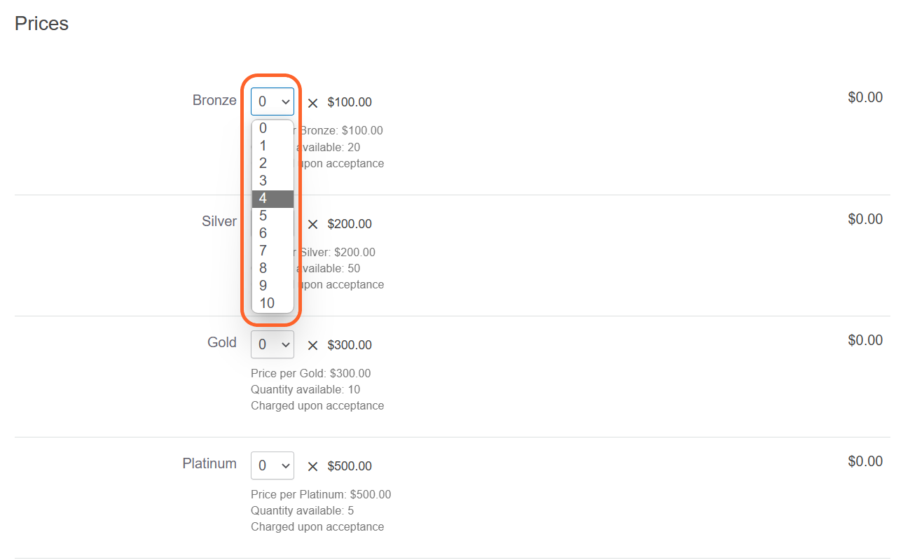 an image showing users the pricing section of the application with the quantity drop down highlighted