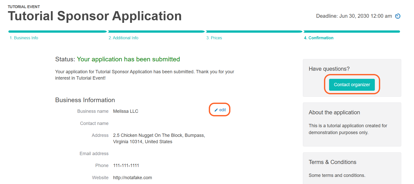 an image showing users the confirmation page after submitting an application
