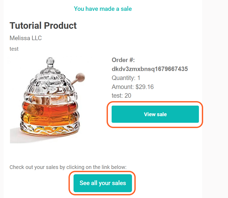 an image showing users the view sale or see all sales buttons on the email that takes them to their orders page