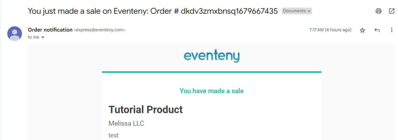 an image showing users the confirmation email for when a sale is made within their Eventeny shop