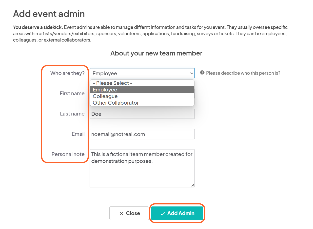 an image showing users the team member information screen with the add admin button highlighted at the bottom
