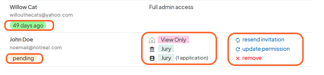 an image showing users the added team member with options and criteria that indicates they are an invited jury member