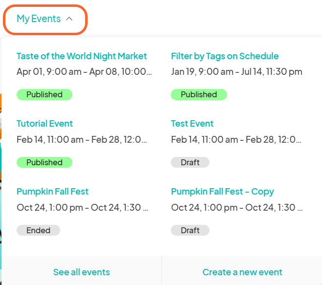 an image showing users where to find the my events tab on the home page
