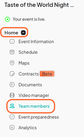 an image showing users where to find the team members option on the left side bar of the event dashboard
