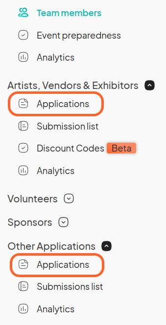 an image showing users where to find the applications tab on the left side bar of the event dashboard