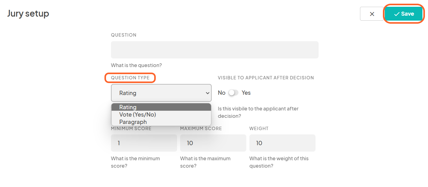 an image showing users the jury question modal and types