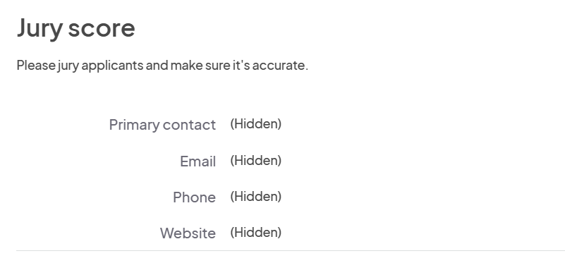 A page titled 'Jury score' with hidden applicant contact details, showing placeholders for the primary contact, email, phone, and website.