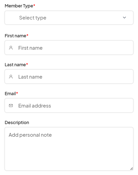 an image showing users the data fields that must be filled out to invite a new admin or team member.