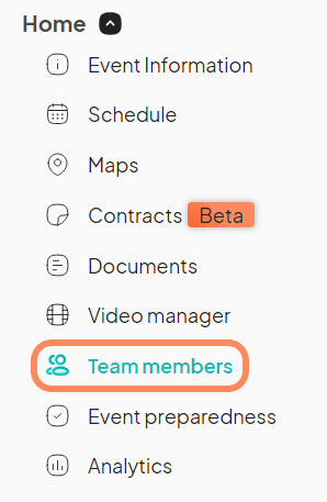 an image showing users the Event Organizer Dashboard with the Home tab expanded and orange circle highlighting the 'Team Members' button.