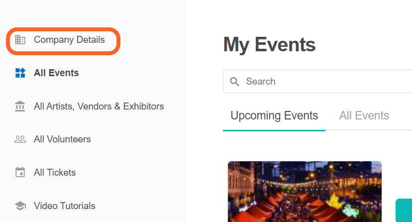 an image showing users the event organizer dashboard with the company details tab highlighted to the left