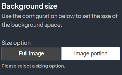 Dialog box for 'Background size' settings. The options include 'Full image,' which is highlighted, and 'Image portion' with a description below: 'Please select a sizing option.'