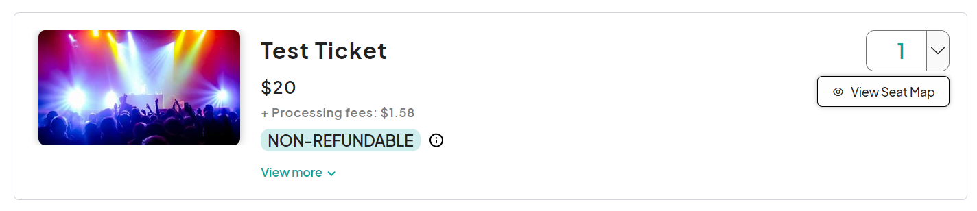 A concert ticket listing with a vibrant image of a crowd under colorful lights. The ticket is labeled 'Test Ticket,' priced at $20 with processing fees of $1.58, and marked 'NON-REFUNDABLE.' A 'View Seat Map' button is on the right.