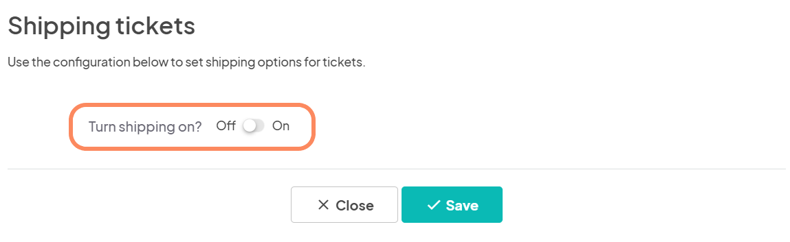 Screen with the option to 'Turn shipping on?' The toggle is set to 'Off,' and both 'Off' and 'On' options are displayed, with the section highlighted in orange.