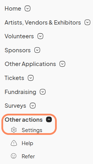 Screenshot showing the 'Other actions' dropdown menu with 'Settings' highlighted in orange. Other options include 'Help' and 'Refer'.