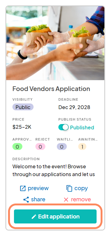 Screenshot of a ‘Food Vendors Application’ with a table listing application details. The table has four sections: Visibility (Public), Deadline (December 29, 2028), Price ($25-$2,000), and Publish Status (Published). Below the table are four buttons: Approve (inactive), Reject (inactive), Waitlist (selected), and Awaiting. There is a section titled ‘Description’ with text about browsing applications. Two black buttons ‘share’ and ‘X’ are located below the text. A vertical black line separates the description from a section titled ‘Edit application’. The section titled 'Edit application' is highlighted with an orange circle indicating to click this button. 