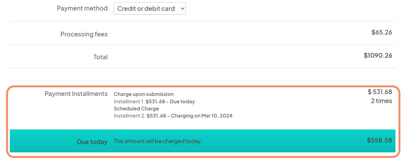 The screenshot showcases a credit card checkout page, detailing payment information. The chosen payment method is specified as Credit or debit card. Processing fees are indicated as $65.26. The total amount to be paid is $1090.26, with the total amount highlighted in orange for emphasis. Below, there's an option to split the total payment into installments. The charge upon submission is $531.68, with this amount being charged today. It's followed by information about two installments of $531.68 each, with the first installment due today and the second installment scheduled for March 10, 2024.