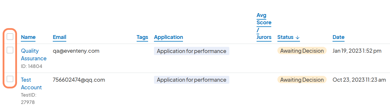 A submissions list showing two applications, 'Quality Assurance' and 'Test Account,' both marked as 'Awaiting Decision'.