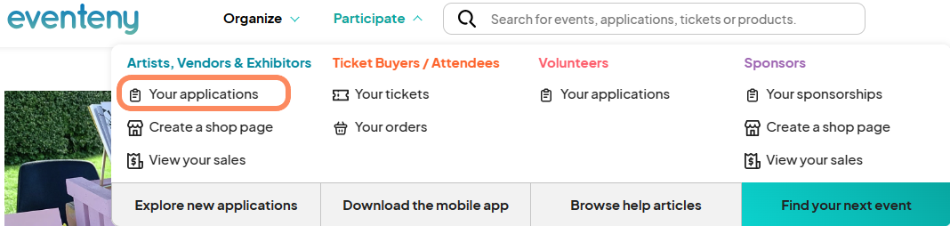 Screenshot of Eventeny's navigation bar with 'Your applications' option highlighted under Artists, Vendors & Exhibitors.