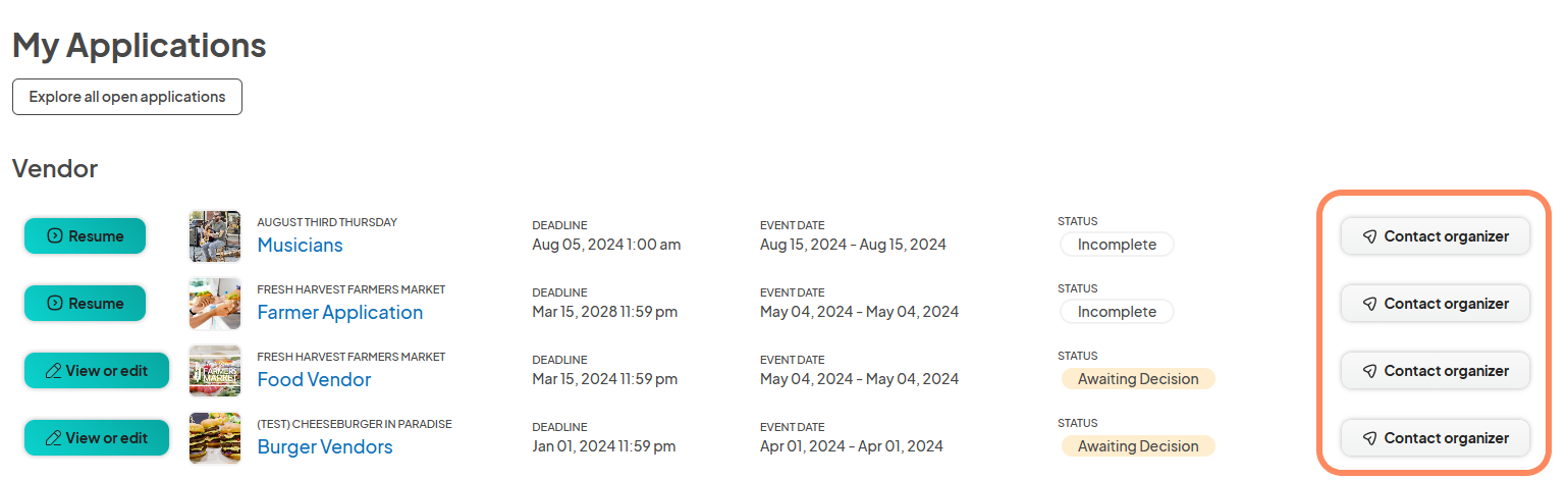 Screenshot of the 'My Applications' section showing a list of vendor applications with 'Contact Organizer' buttons highlighted.