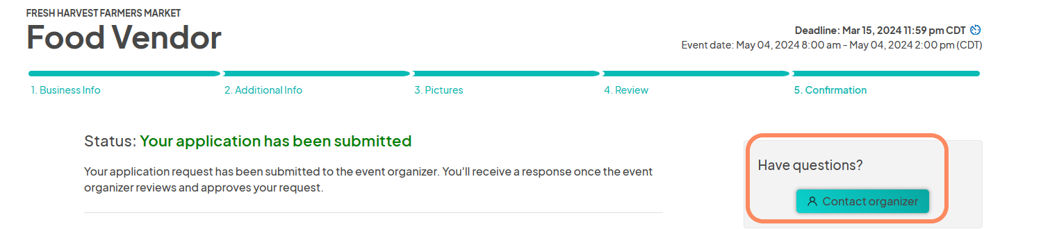 Screenshot of the application submission confirmation page with a 'Contact organizer' button highlighted.