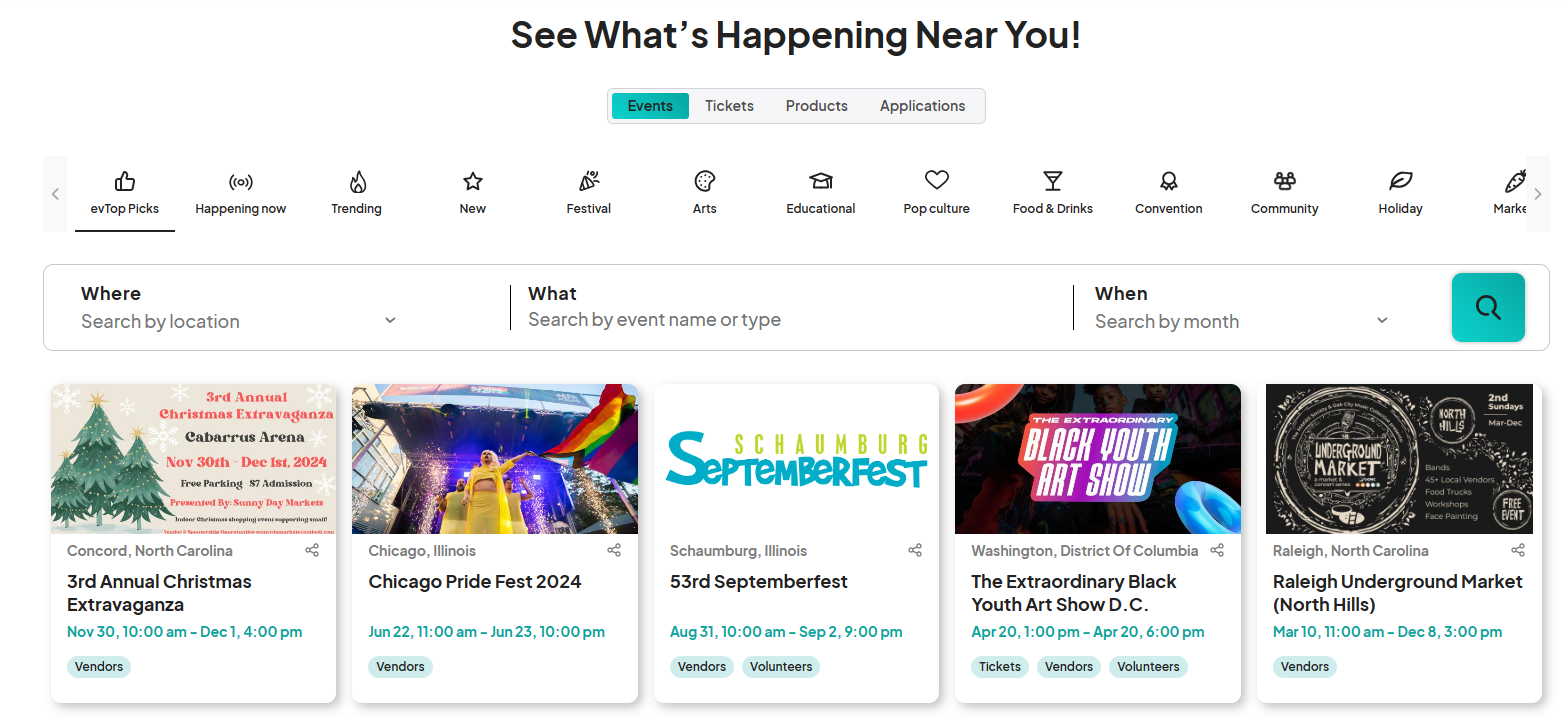 Screenshot of Eventeny homepage with a selection of upcoming events displayed, such as the 3rd Annual Christmas Extravaganza, Chicago Pride Fest 2024, and more.