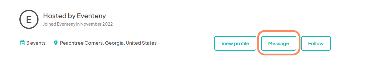 Screenshot showing a user's event profile, hosted by Eventeny, with options to view profile, message the host, or follow.