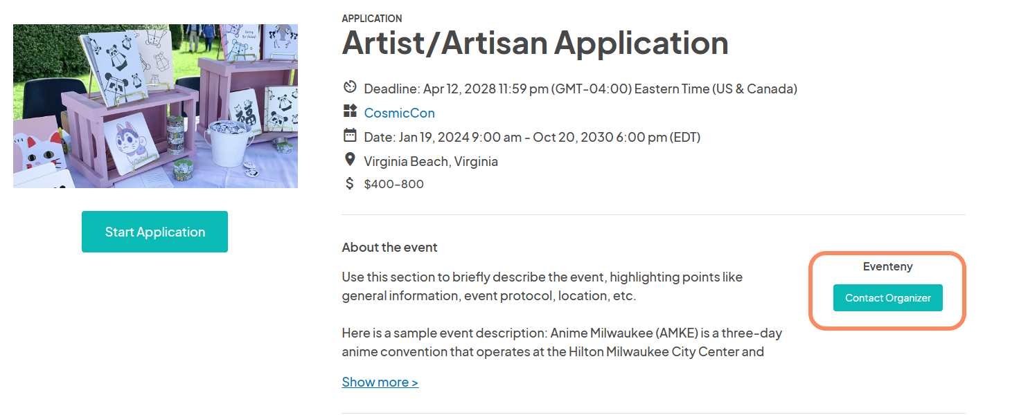 Screenshot of an Artist/Artisan Application page, with details about the event and a 'Contact Organizer' button highlighted.