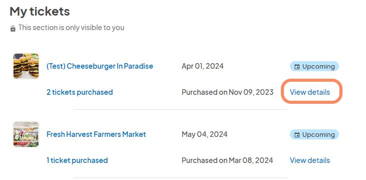 Screenshot of the 'My tickets' section displaying a list of tickets with the 'View details' button highlighted.