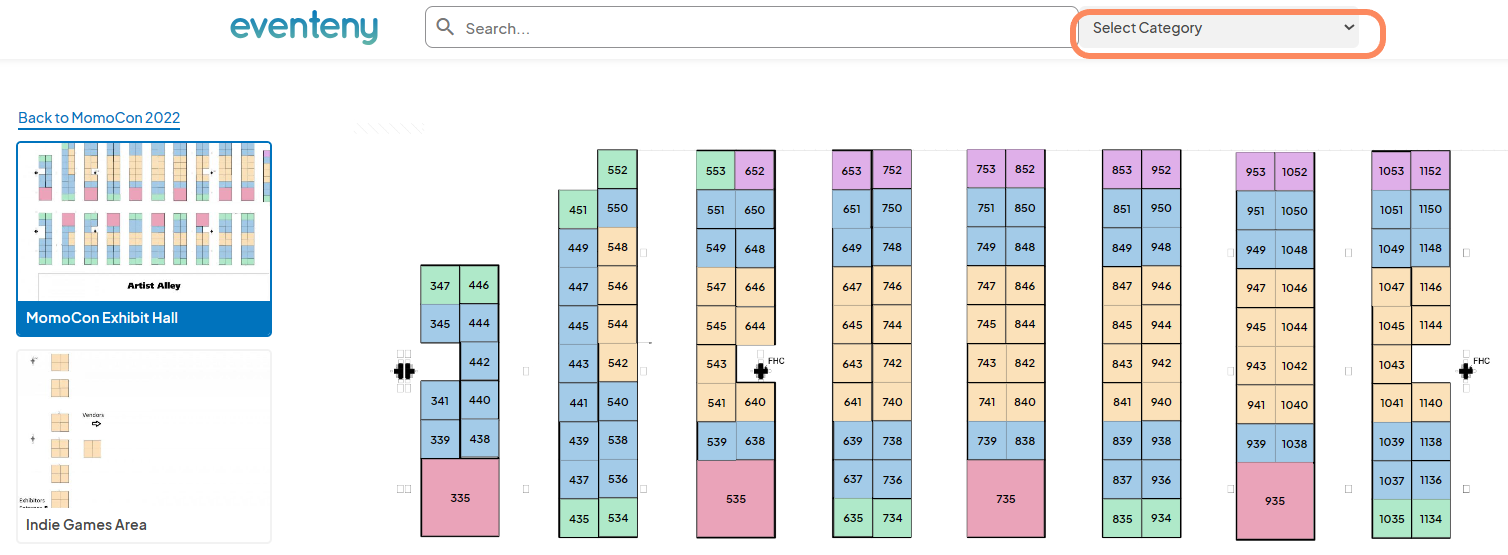 Screenshot of a detailed map layout for MomoCon 2022, featuring a grid of exhibitor spaces in the Exhibit Hall, with a search bar and category dropdown at the top.