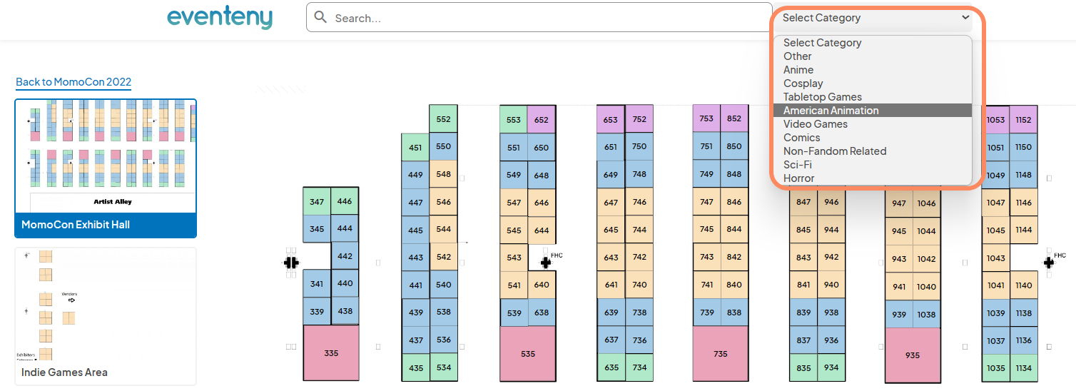 Screenshot of the MomoCon 2022 map with a category filter applied, showing various exhibitor spaces related to comics.