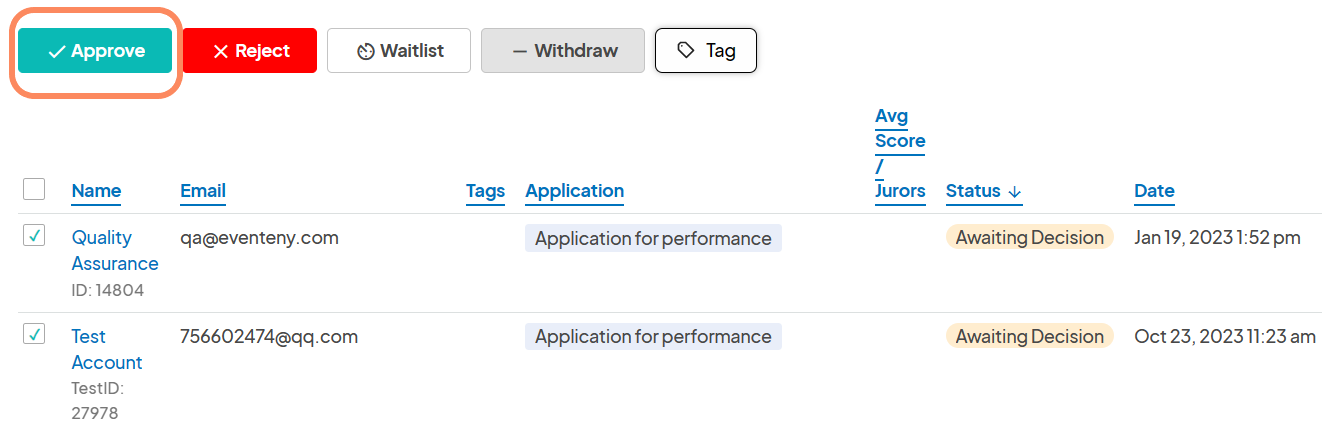 The submission list interface showing checkboxes for selecting submissions and bulk action buttons for 'Approve,' 'Reject,' 'Waitlist,' 'Withdraw,' and 'Tag'.