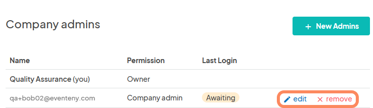 an image showing users the view of the company admin section when an admin has been successfully added.