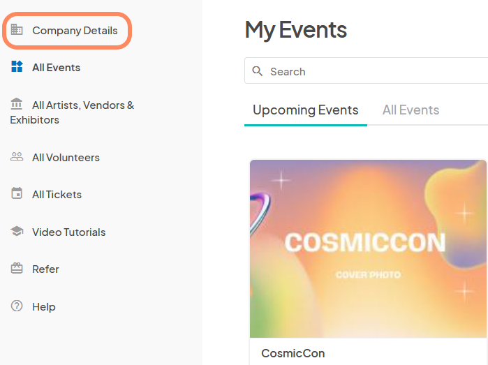 an image showing users the event organizer dashboard menu with the 'Company Details' tab highlighted with an orange circle.