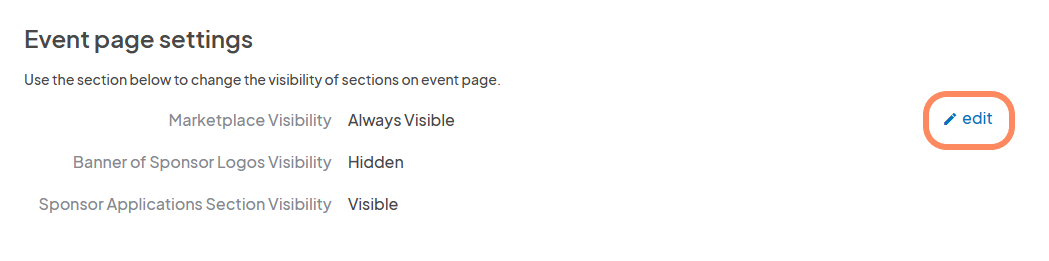 Event page settings section showing the visibility options for different sections on the event page. 'Marketplace Visibility' is set to 'Always Visible', 'Banner of Sponsor Logos Visibility' is set to 'Hidden', and 'Sponsor Applications Section Visibility' is set to 'Visible'. There is an 'edit' button on the right.