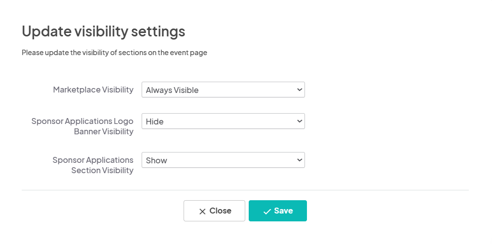 Update visibility settings window with dropdown menus to adjust visibility options. 'Marketplace Visibility' is set to 'Always Visible', 'Sponsor Applications Logo Banner Visibility' is set to 'Hide', and 'Sponsor Applications Section Visibility' is set to 'Show'. There are 'Close' and 'Save' buttons at the bottom.